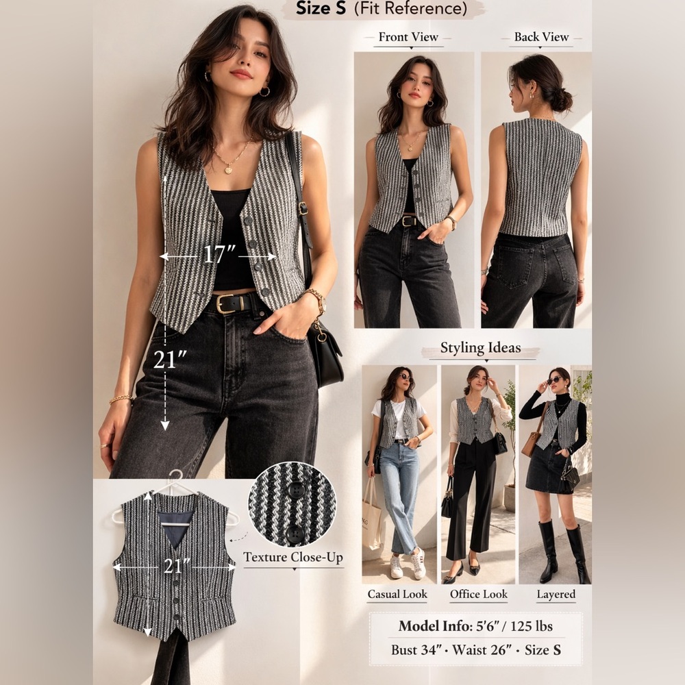 Black & White Textured Button-Up Vest size S